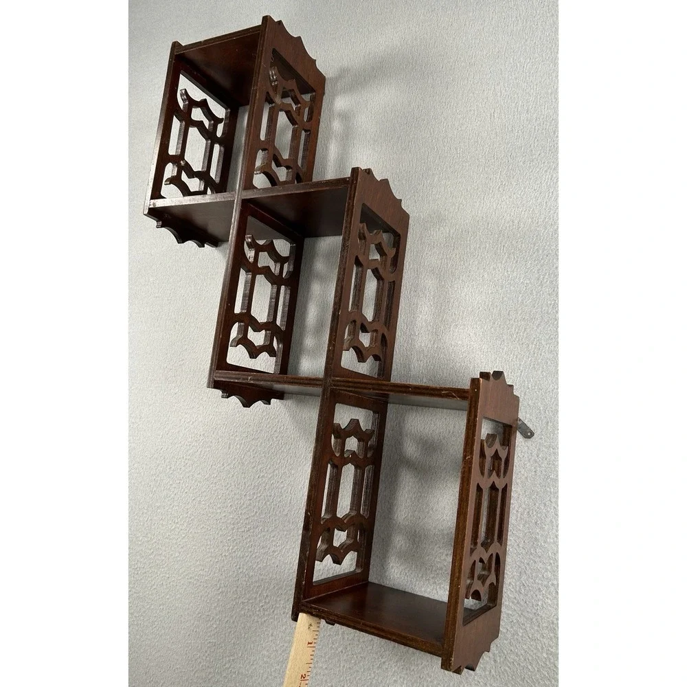 VTG Mahogany? Wood 3 Tier Wall Shelf Carved Fretwork 24